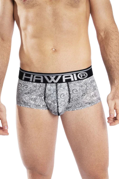 Gray paisley patterned men’s briefs with black waistband branded hawaii featured in vanilla color mini trunks article