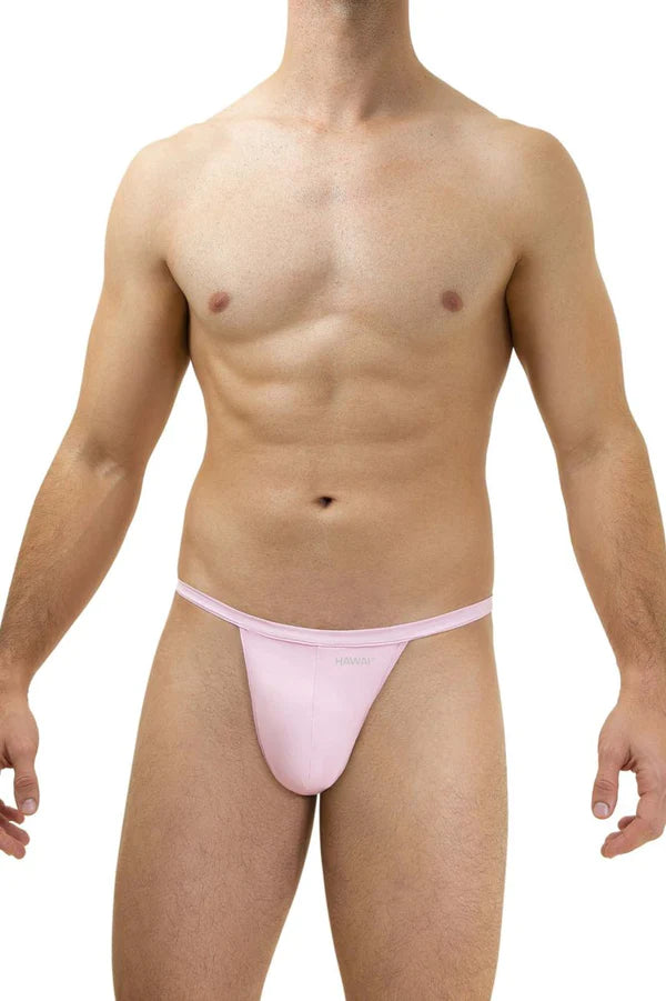 A sleek light pink hawai 42140 microfiber g-string thong with smooth fabric and subtle waistband branding shown from the back
