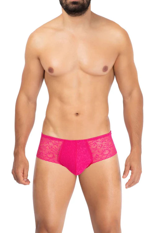 Vibrant fuchsia men’s briefs featuring solid lace trim made from soft fabric for comfortable everyday wear