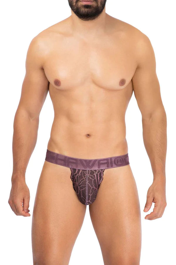 Purple patterned briefs with bold textured design and revolution waistband complement hawai 42153 taupe lace thongs