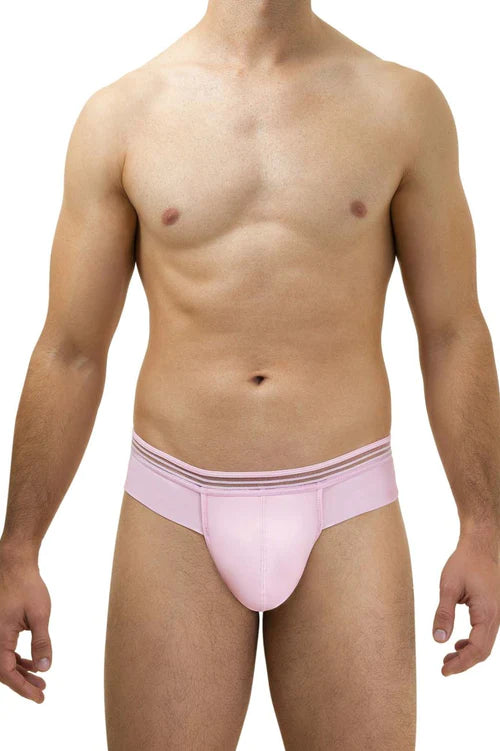 Pink microfiber athletic briefs with three thin horizontal stripes across waistband for active wear
