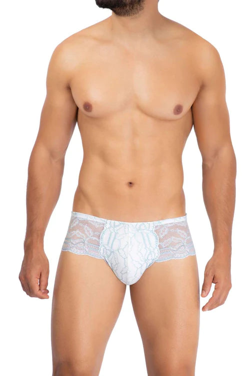 White lace men’s briefs in vanilla color with delicate floral patterns and a sheer elegant design by hawai 42156