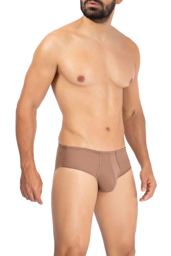 Tan men’s briefs with smooth form-fitting design and subtle mesh detailing described in hawai 42157 solid lace briefs cocoa article