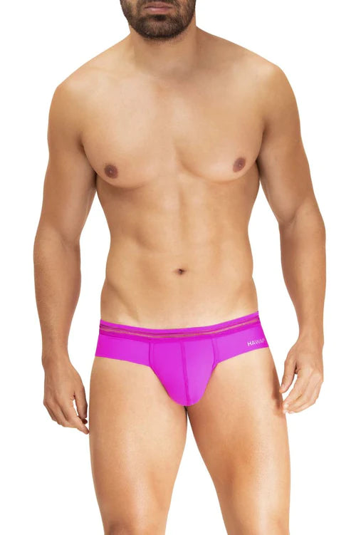 Vibrant fuchsia hawai 42256 microfiber men’s briefs with subtle striped waistband and brand name embroidery on the side