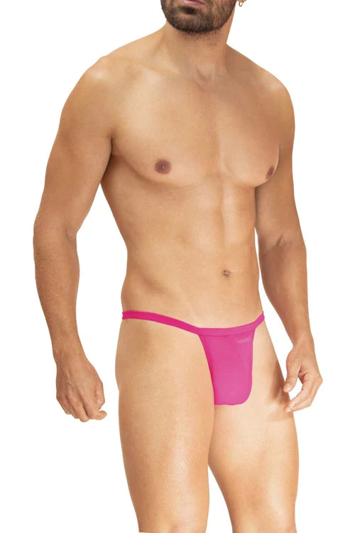 Vibrant pink sheer mesh thong with low-profile design and single wide waistband in microfiber g-string color fuchsia