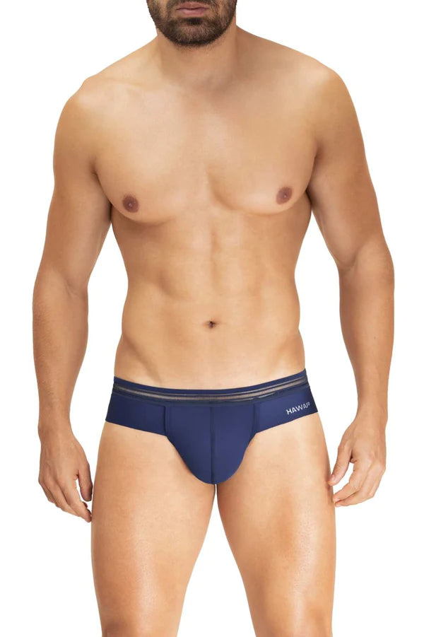 Navy blue hawaiian noos microfiber briefs with subtle striped waistband detail in dark blue for comfortable style