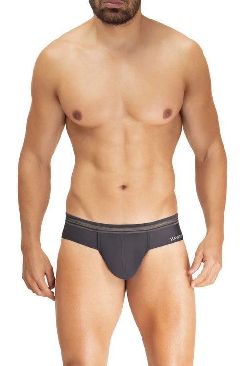 Dark gray men’s microfiber briefs with subtle striped waistband and hanna embroidery for style and comfort