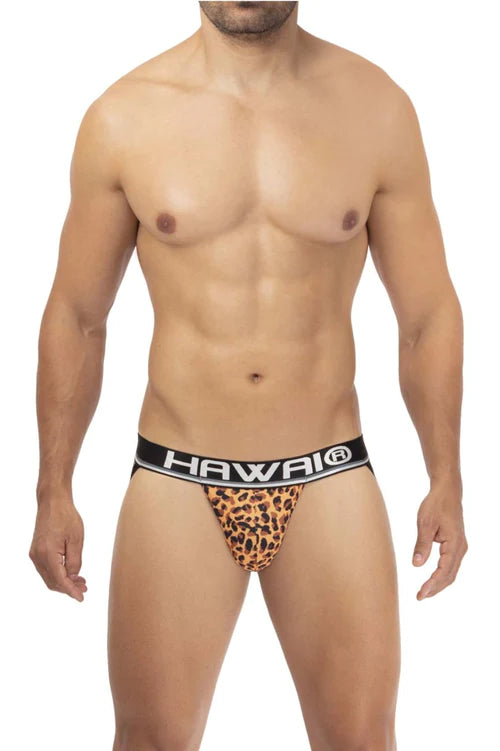Leopard print microfiber briefs with black hawaii waistband offering a sporty and stylish animal print option.