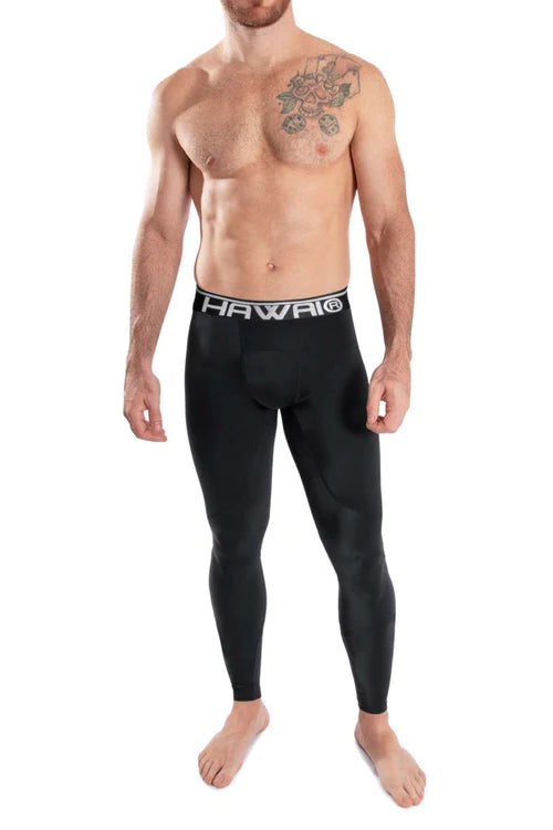 Black hawaii brand solid athletic compression tights in black with white logo waistband for comfort and performance