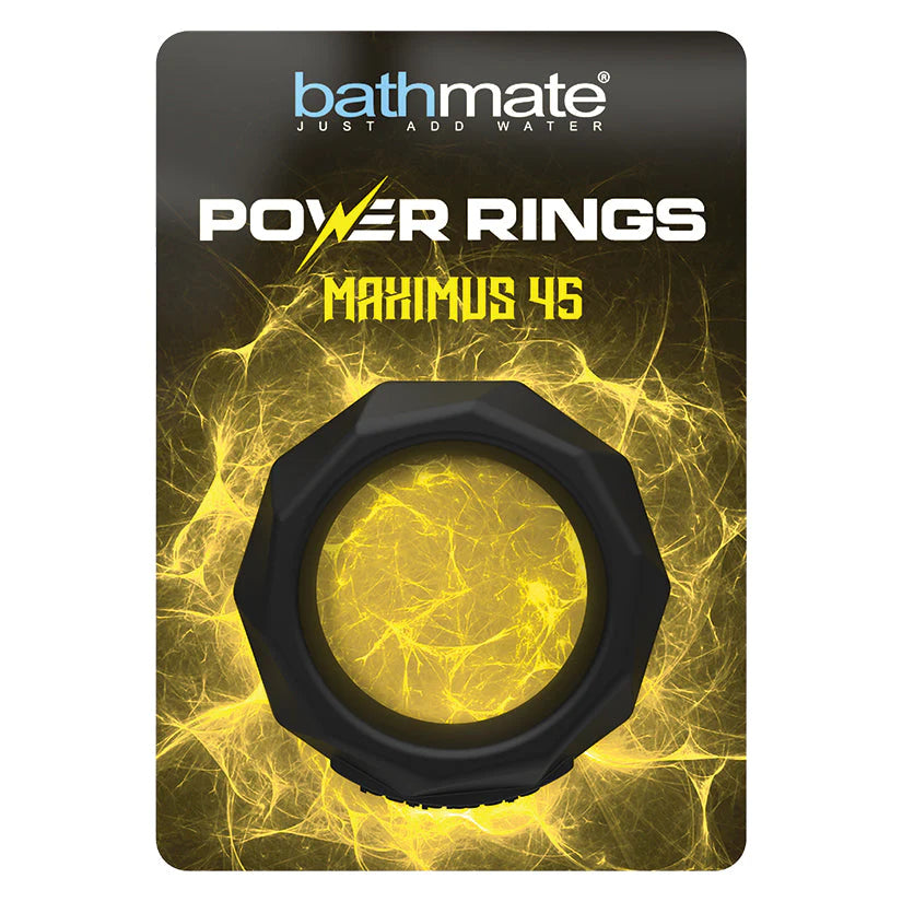 Black octagonal bathmate power ring maximus 45 with glowing yellow interior designed to unleash full potential