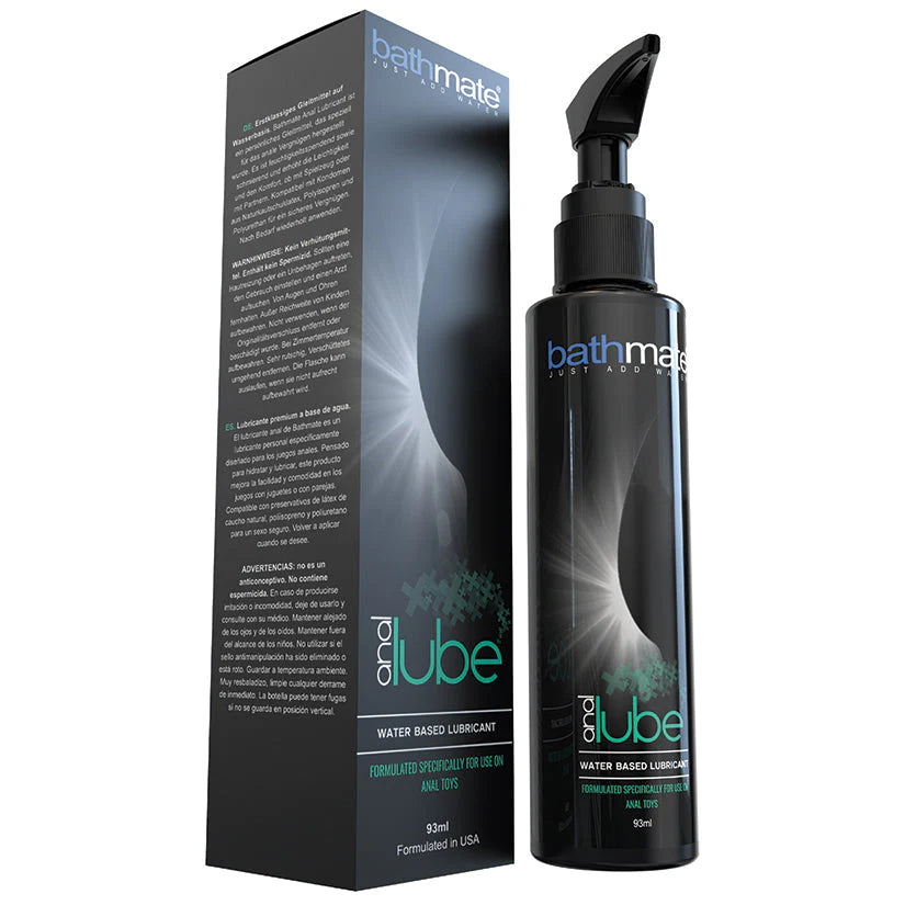 Black plastic bottle with black pump and teal branding for bathmate anal lube water-based lubricant to enhance pleasure