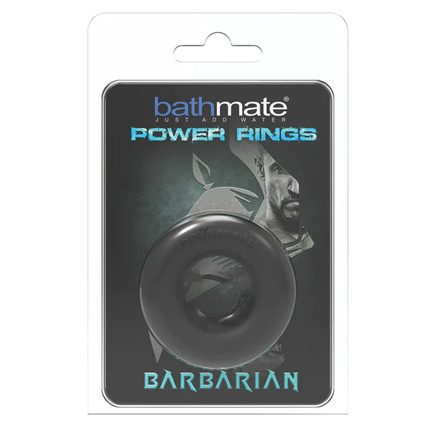 Black rubber power ring with textured surface and embossed logo in clear blister pack labeled bathmate power rings barbarian