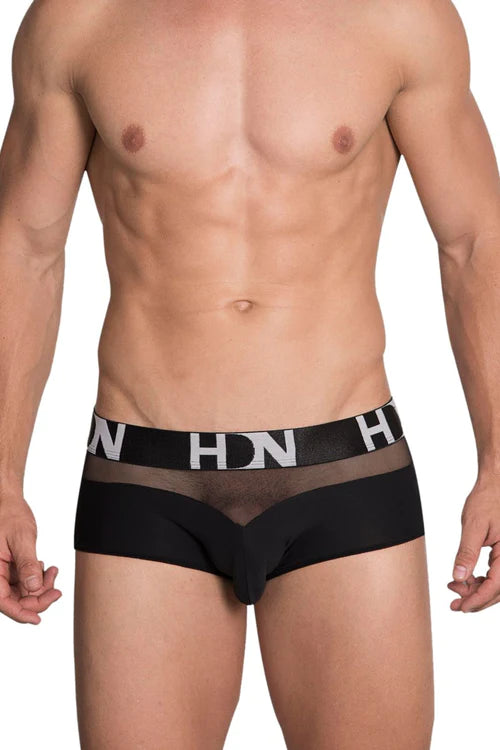 Black hdn hidden 952 mesh trunks men’s underwear with sheer mesh waistband and solid fabric body in black