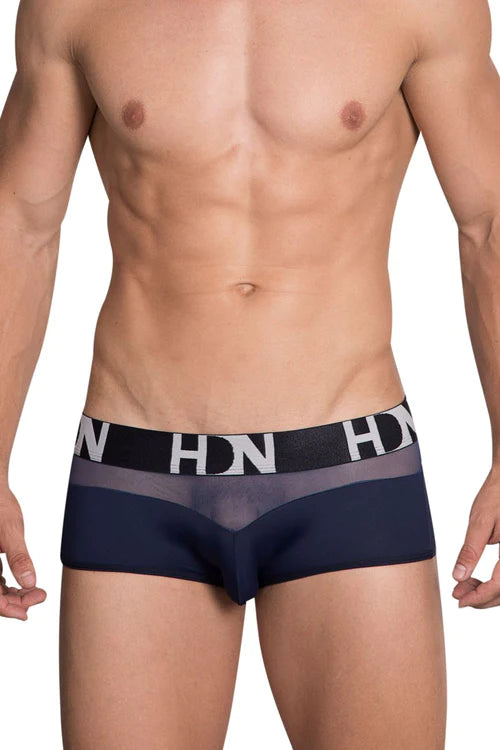 Navy blue hdn branded mesh briefs with black waistband and sheer gray panel for sleek and stylish underwear look