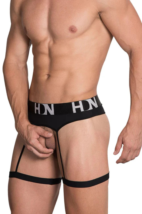 Black hdn brand men’s briefs with bold white logo waistband and matching leg straps in hidden 954 garterbelt style