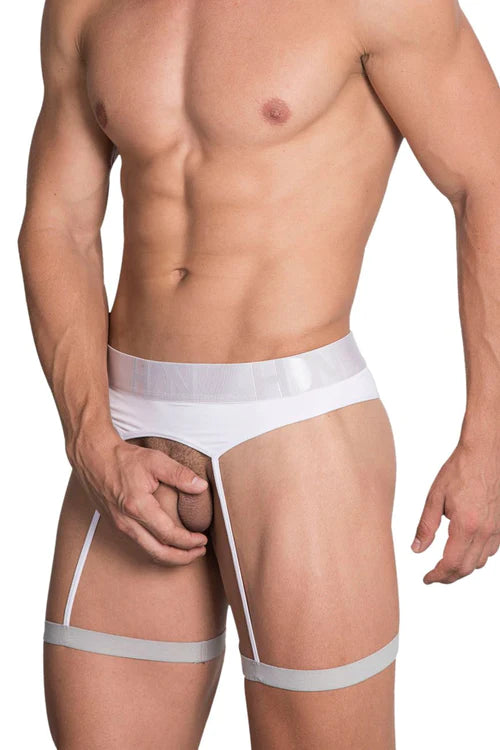 White sheer mesh briefs with gray elastic waist and thigh straps in hidden 954 garterbelt color white article