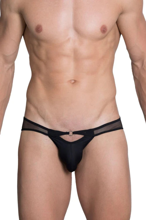 Black mesh 960 bikini-thong featuring a central metallic clasp showcasing its delicate design in color black