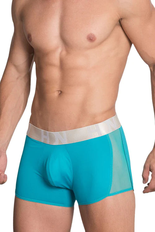 Turquoise hidden 964 mesh side trunks boxer briefs with sheer mesh panel and white elastic waistband with brand logo.