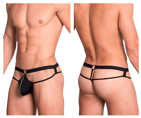 Black lace-trimmed men’s thong with central front panel and back strap design featured in hidden 967 thongs in black