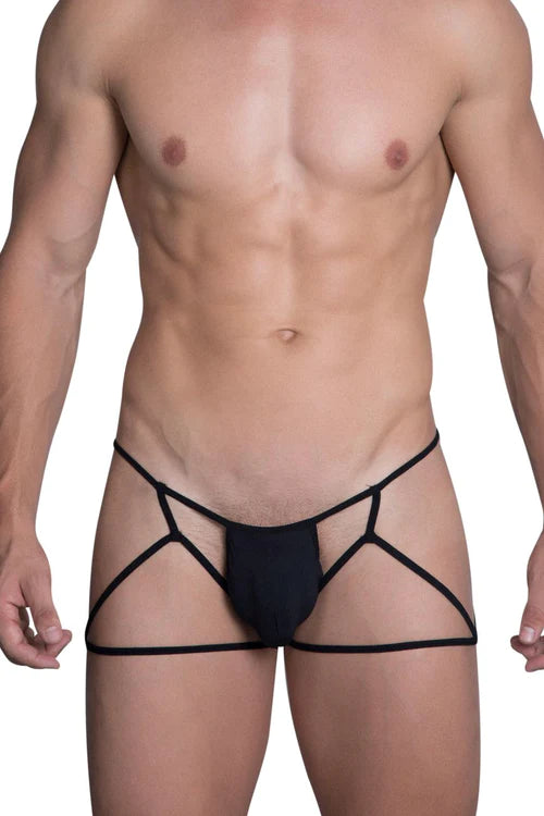 Black lace-trimmed hidden 971 jockstrap-thong in black with geometric crisscross design shown from the back side