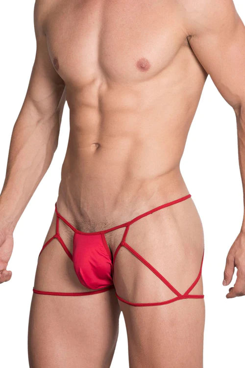 Red satin briefs with a bold strappy design featured in the hidden 971 jockstrap-thong in red article