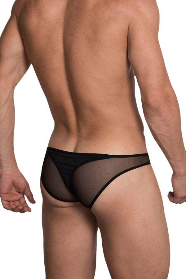 Black sheer mesh briefs with solid black waistband shown from the back in hidden 972 mesh bikini thong color black