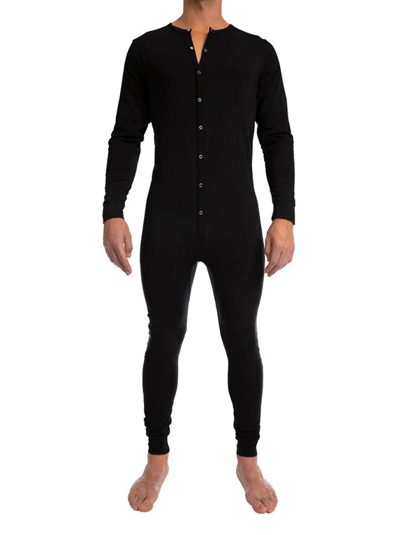 Black long-sleeved one-piece thermal union suit with button-front design by jack adams for cold weather use