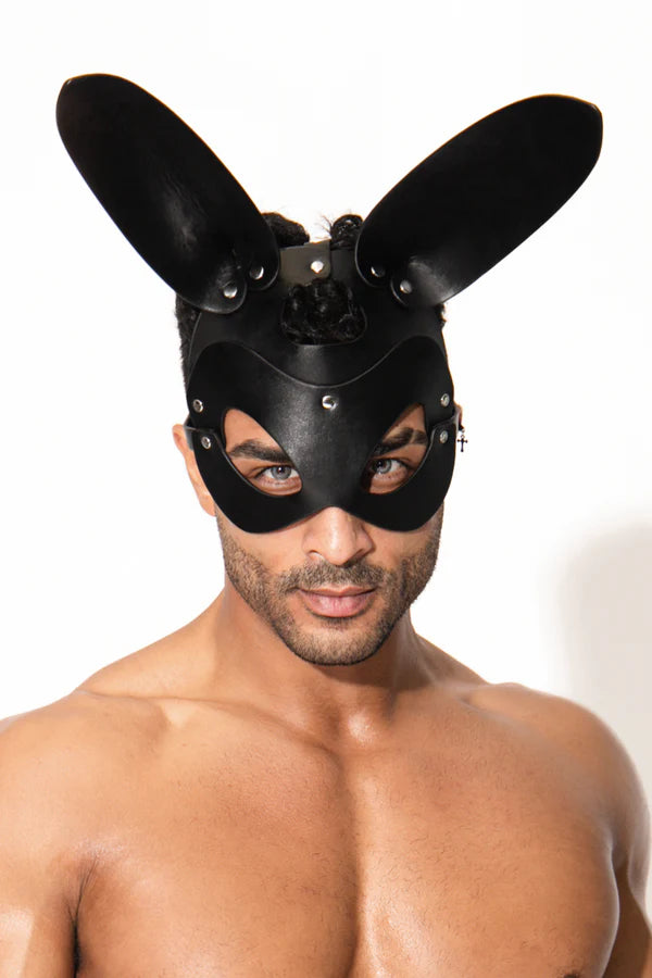 Black vegan leather bunny face mask with silver studs and adjustable straps for stylish wear
