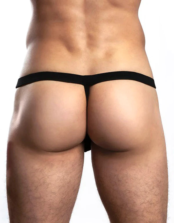 Black jack adams string thong made of smooth stretchy fabric with narrow waistband minimal coverage shown from back