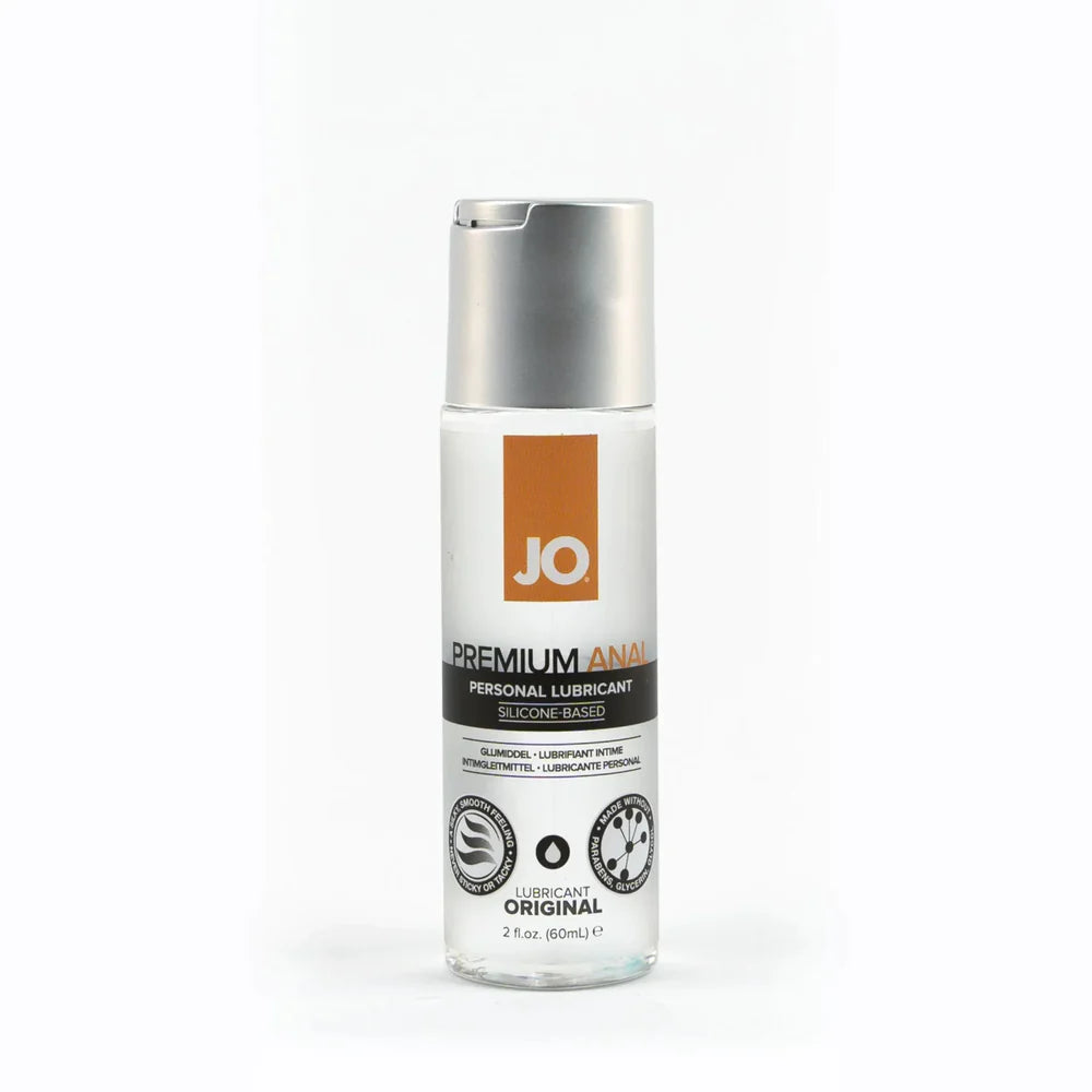 Clear glass bottle with silver cap and white label featuring orange jo logo for jo premium anal silicone lubricant.
