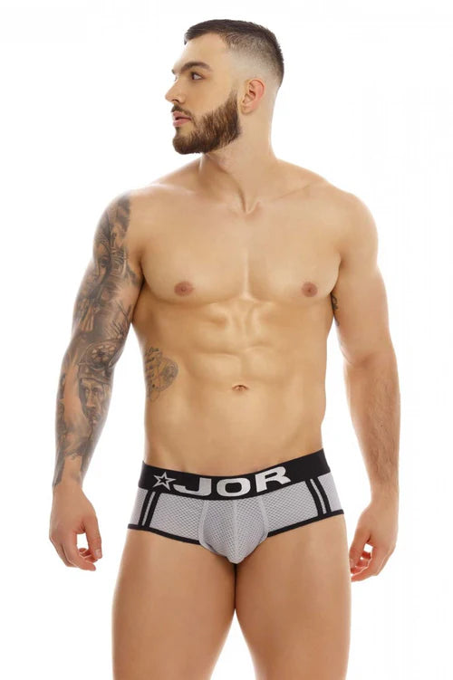 Gray jor 1336 rocket briefs featuring mesh fabric with black trim and a bold logo waistband for comfort and style