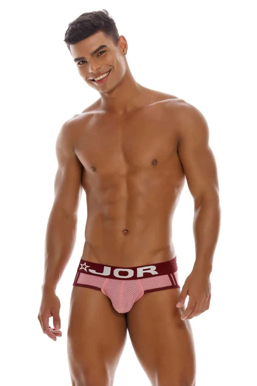 Pink jor 1500 rocket jockstrap briefs with textured fabric and maroon waistband featuring jor logo and star emblem