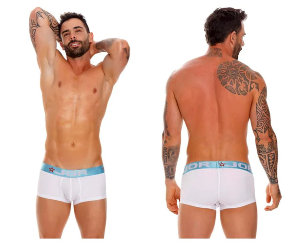White boxer briefs with light blue elastic waistband featuring jor brand name and star logo for style and comfort