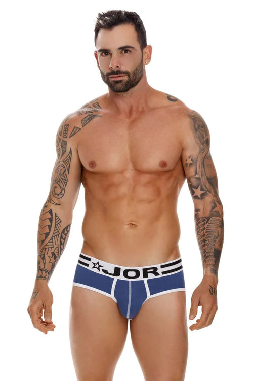 Blue and white JOR 1613 varsity briefs with star logo waistband combining comfort and style.