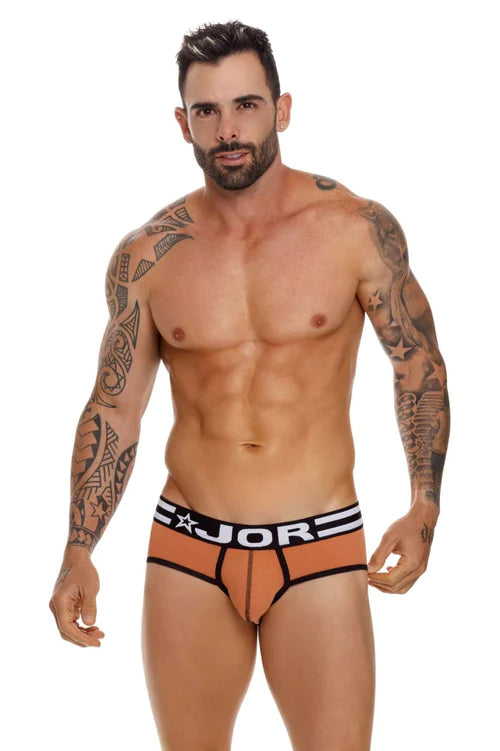 Orange jor 1613 varsity briefs with black trim and white logo band combining style and comfort.