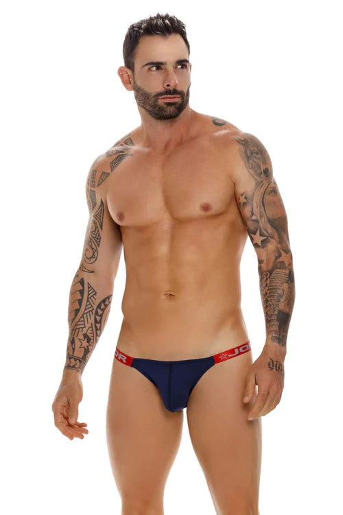 Navy blue jor 1623 eros bikini briefs with red trim and logo on waistband combining style and comfort