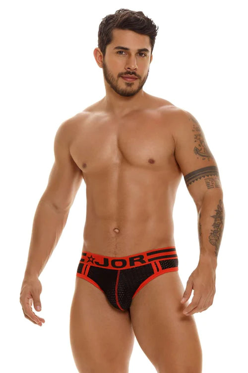 Black and orange jor 1843 Nitro G-String athletic briefs with mesh panel and bold white jor waistband branding