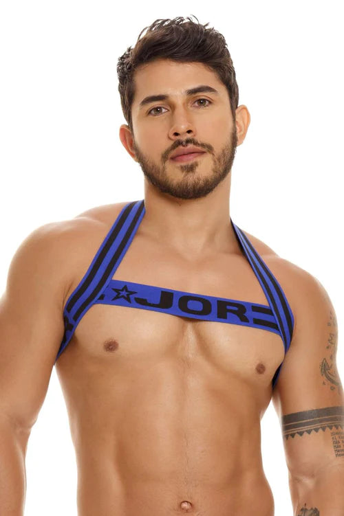 Blue and black striped jore brand halter top with star logo designed for confidence and style in the jor 1845 nitro harness collection