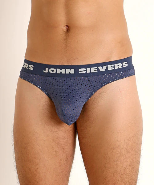 Navy blue mesh briefs with white john sievers branding on the waistband offering natural pouch comfort.