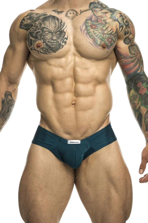 Teal-colored form-fitting briefs with a small white label at the waistband from justin simon xsj22 cheek briefs opal green