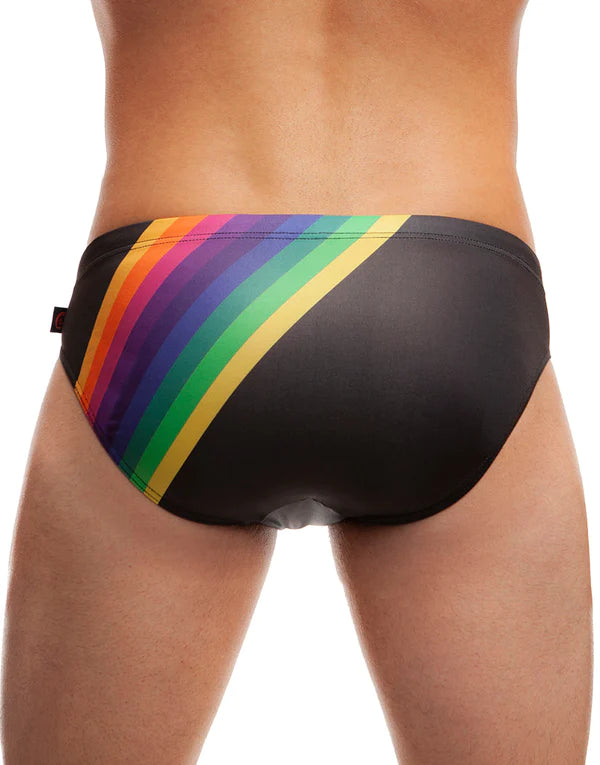 Black jack adams swim trunks with bold diagonal rainbow stripes designed for stylish swimwear with rainbow pride