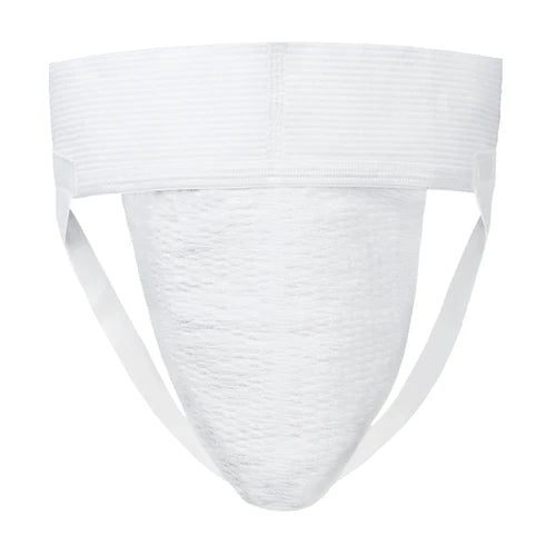 White athletic supporter jockstrap with breathable textured fabric and supportive side straps for big players