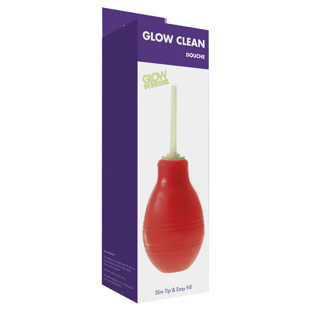 Red silicone glow-in-the-dark anal douche with slim tip and easy-fill design from KINX glow clean line