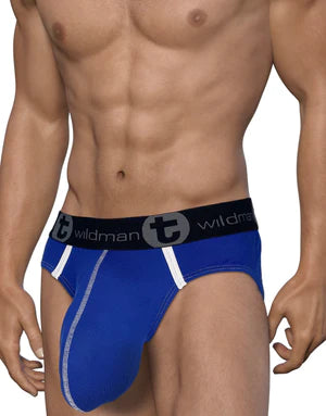 Blue wildman briefs with white trim and black waistband featuring wildman logo designed for big boy pouch support