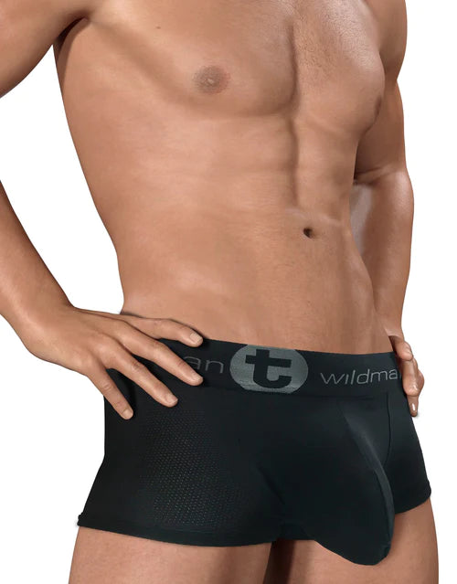 Black mesh wildmant big boy pouch boxer briefs with gray elastic waistband and wildman logo
