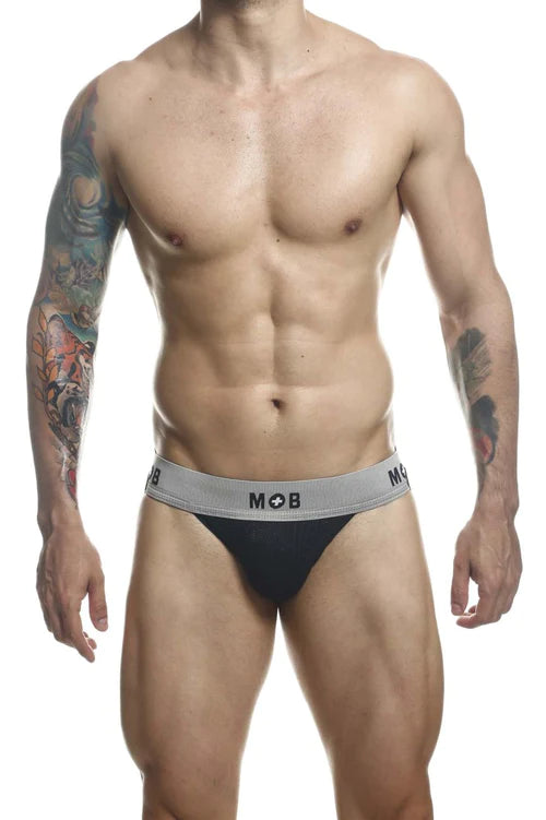 Black male basics mob classic fetish jockstrap with gray waistband and mob logo in front view
