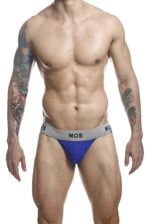 Blue athletic briefs with gray waistband featuring mob logo in royal color from malebasics mbl107 classic fetish jockstrap