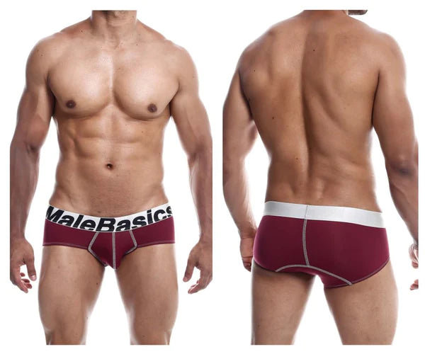 Maroon malebasics mbm03 performance briefs with white waistband and trim designed for active wear
