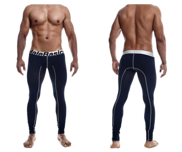Navy blue malebasic compression leggings with white trim and branded waistband designed for athletic performance