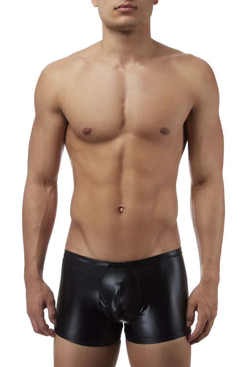 Male power 153003 liquid onyx black patent leather briefs with glossy finish and central seam detail
